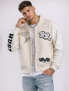 Rich Roy Apparel Varsity Jacket - Genuine Leather Sleeves - Cream - Size XS